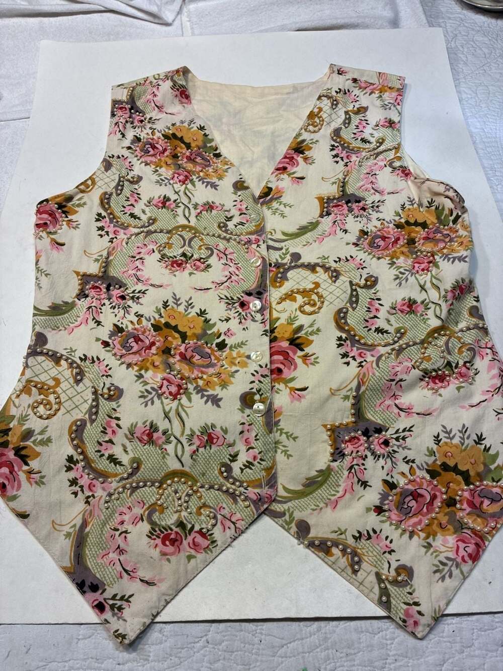 Vintage Floral Tapestry Vest Faux Pearl Accents Button Front